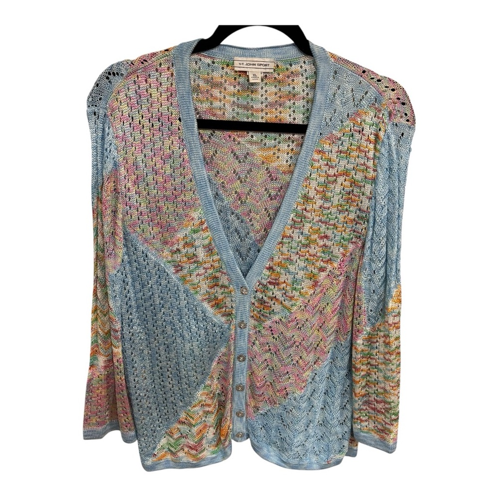 NWOT St John Sport Pastel Multicolor Open Knit Luxury Cardigan Sz XL(L)